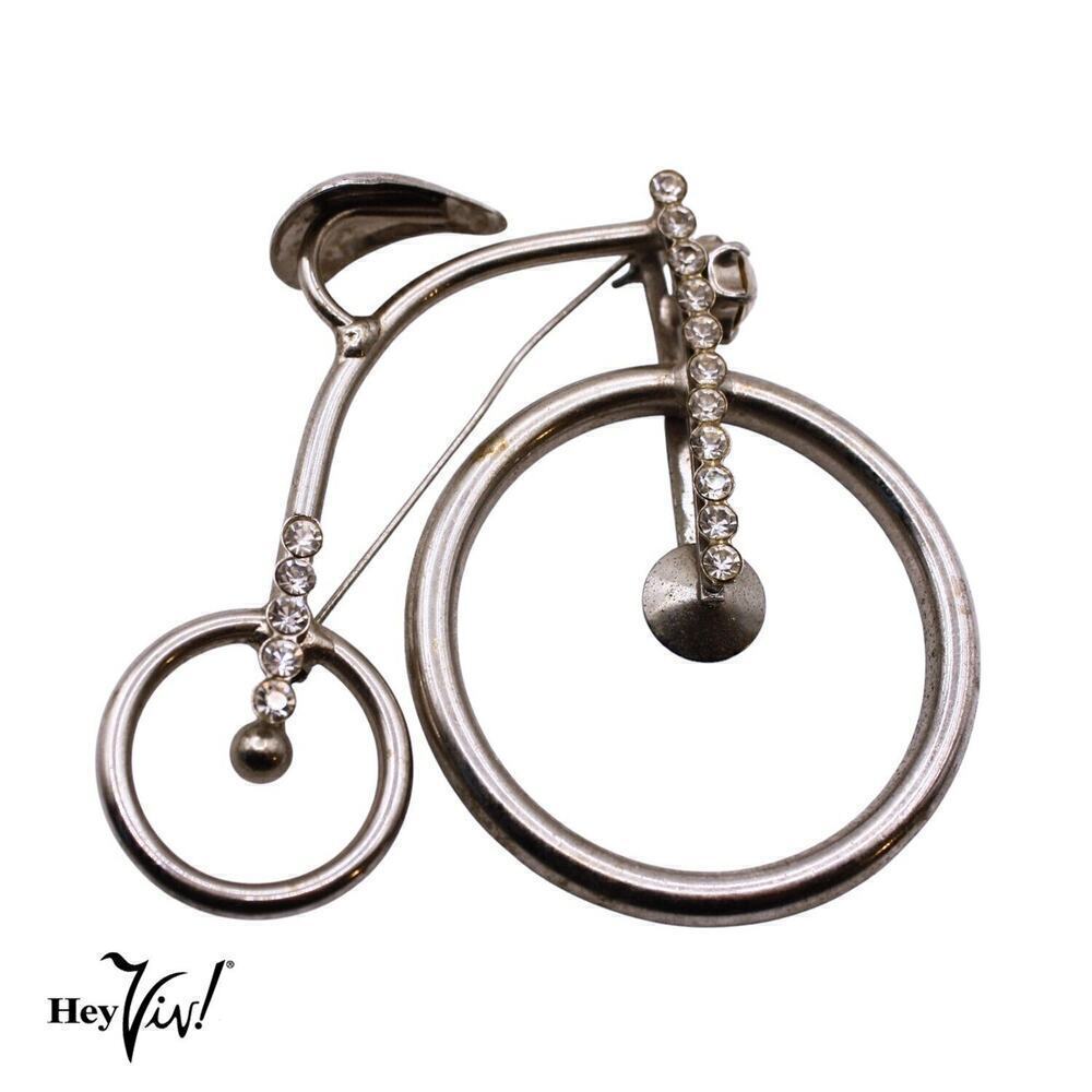 Vintage Penny Farthing Bicycle Pin 3" Brooch Silver Metal Rhinestones - Hey Viv